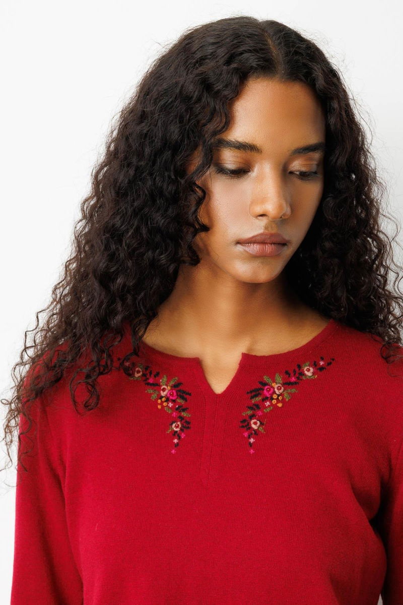 Desen Triko Kadın Sıfır Yaka Yaka Kenarı İşlemeli Yün Bluz 25036 Vişne Çürüğü - 3