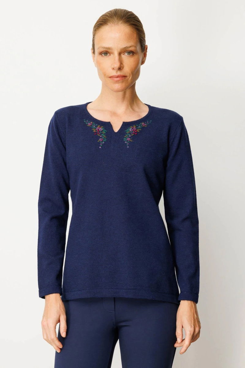 Desen Triko Kadın Sıfır Yaka Yaka Kenarı İşlemeli Yün Bluz 25036 Y.A. Lacivert - Desen Triko
