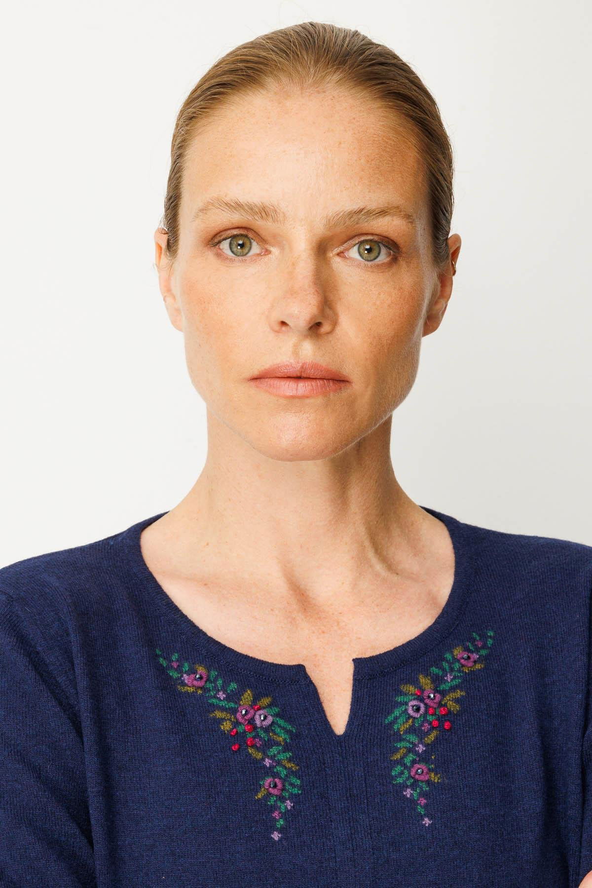 Desen Triko Kadın Sıfır Yaka Yaka Kenarı İşlemeli Yün Bluz 25036 Y.A. Lacivert - 2