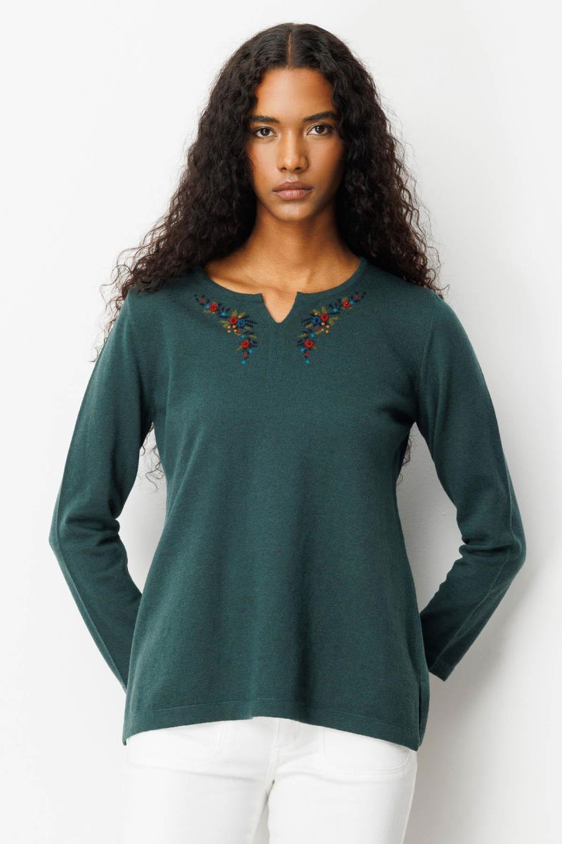 Desen Triko Kadın Sıfır Yaka Yaka Kenarı İşlemeli Yün Bluz 25036 Yeşil - Desen Triko