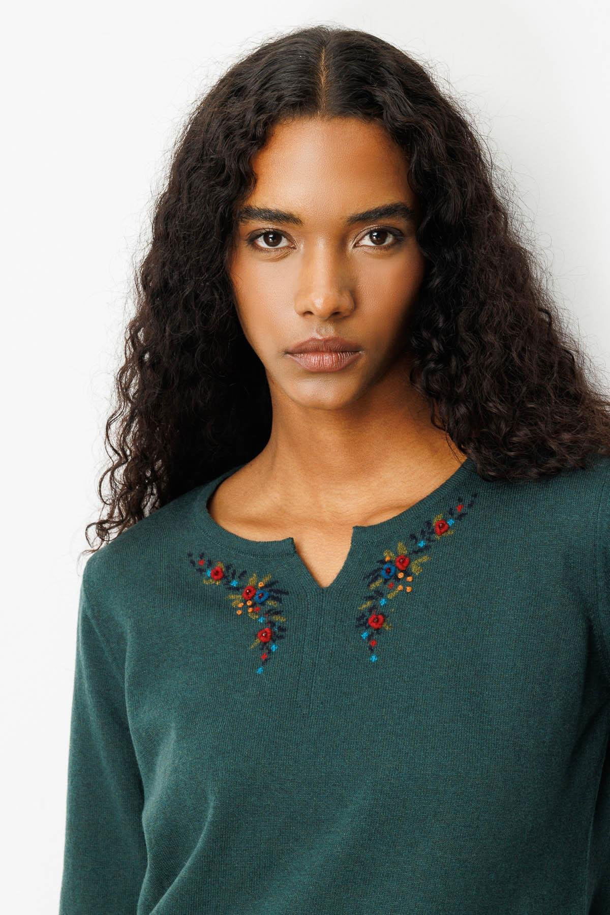 Desen Triko Kadın Sıfır Yaka Yaka Kenarı İşlemeli Yün Bluz 25036 Yeşil - 2