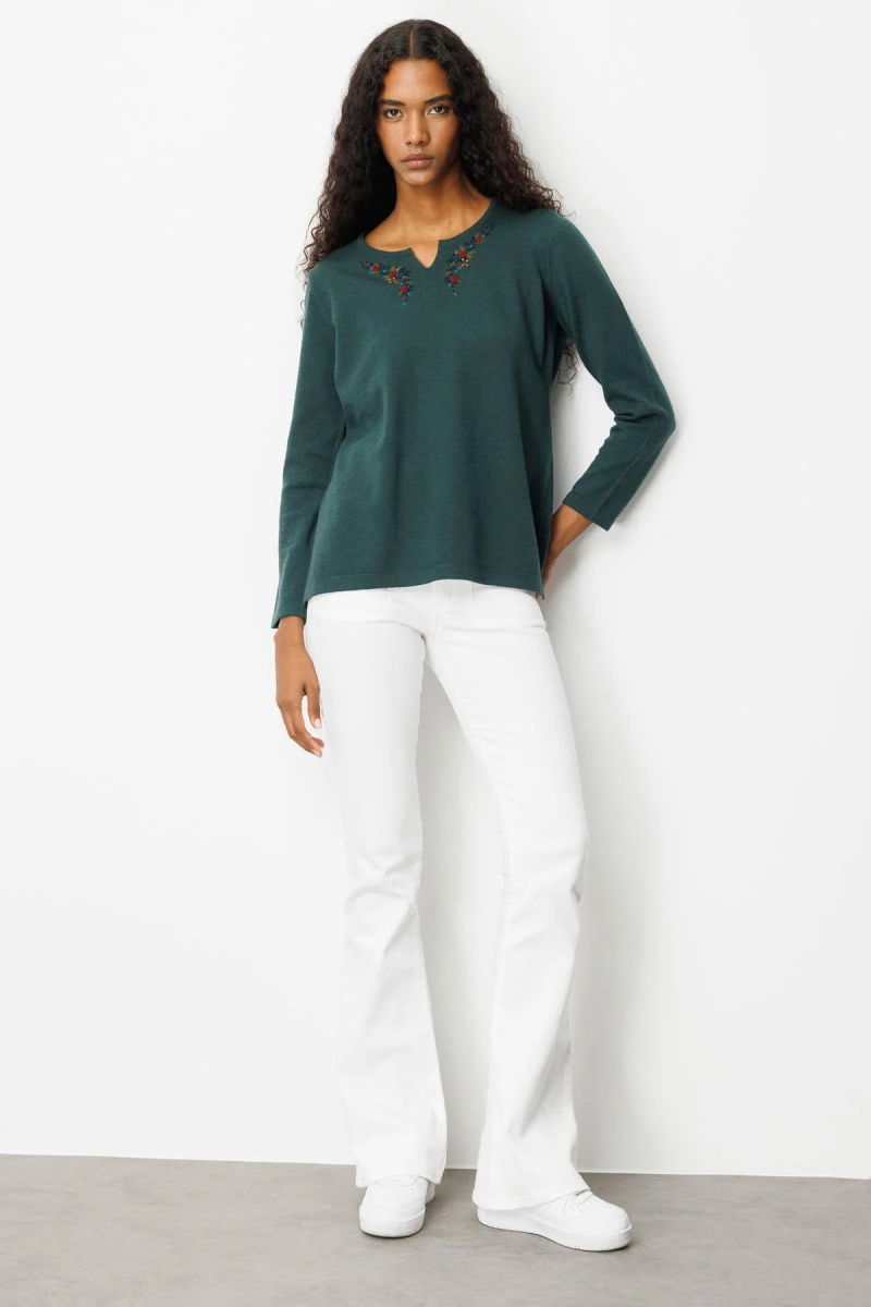 Desen Triko Kadın Sıfır Yaka Yaka Kenarı İşlemeli Yün Bluz 25036 Yeşil - 3