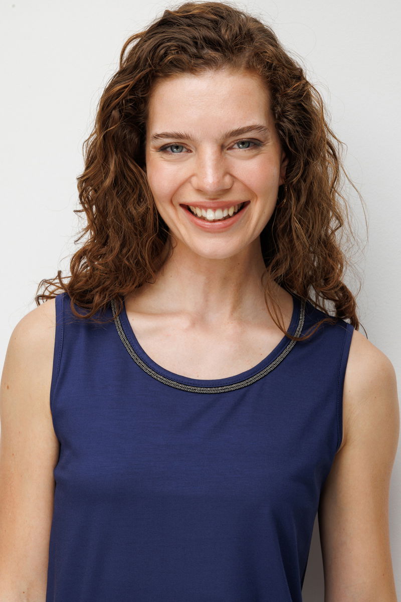 Desen Triko Kadın Sıfır Yaka Yaka Kenarı Zincirli Askılı Penye T-Shirt 26708 Lacivert - 2