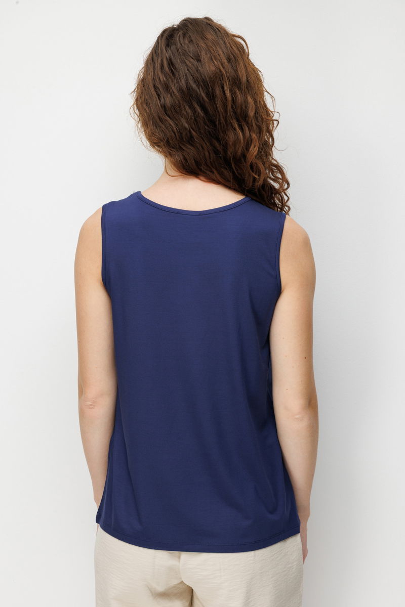 Desen Triko Kadın Sıfır Yaka Yaka Kenarı Zincirli Askılı Penye T-Shirt 26708 Lacivert - 4