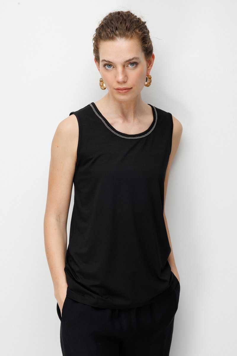 Desen Triko Kadın Sıfır Yaka Yaka Kenarı Zincirli Askılı Penye T-Shirt 26708 Siyah - 2