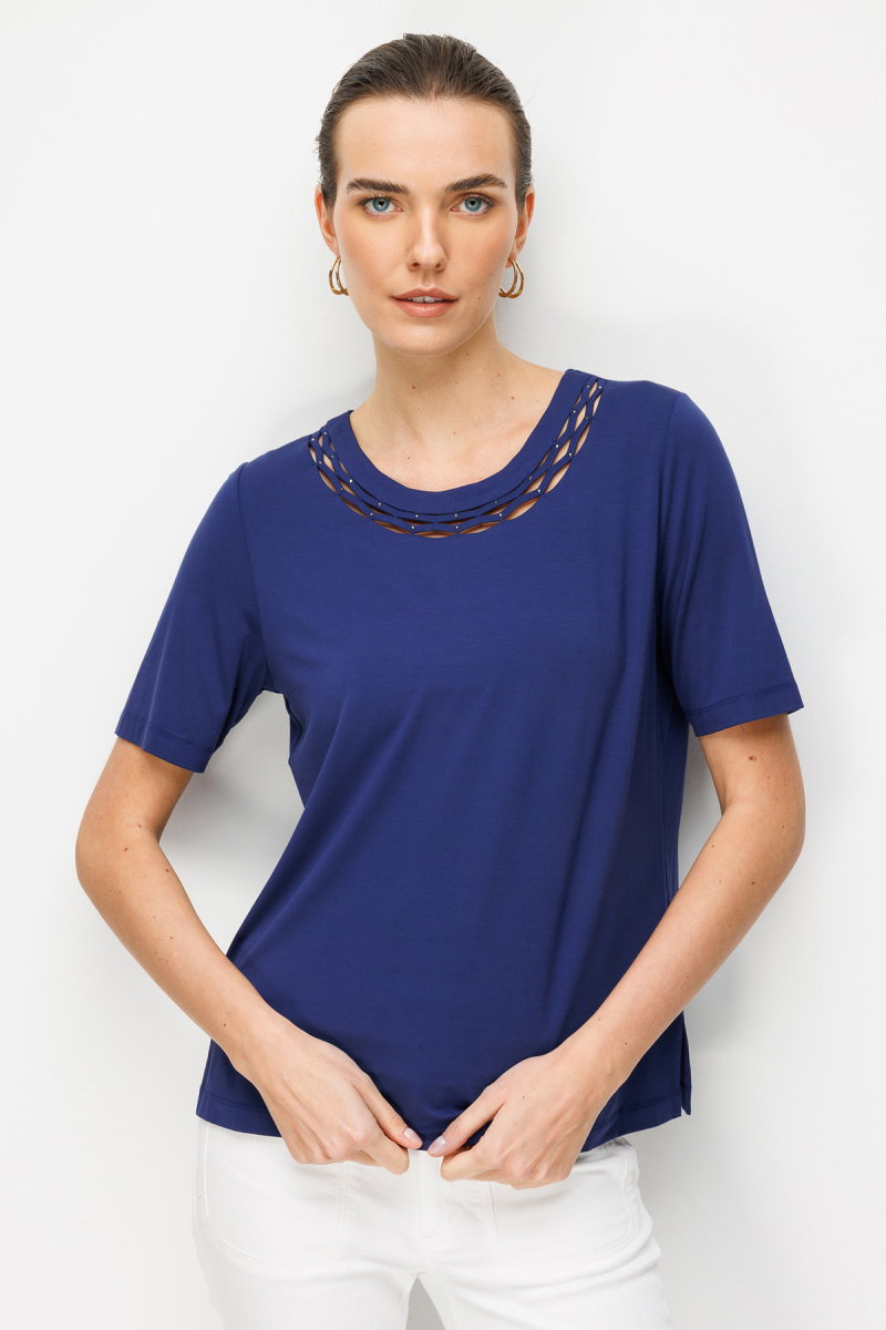Desen Triko Kadın Sıfır Yaka Yakası Çift Şeritli Taşlı Penye T-Shirt 26840 Lacivert - Desen Triko