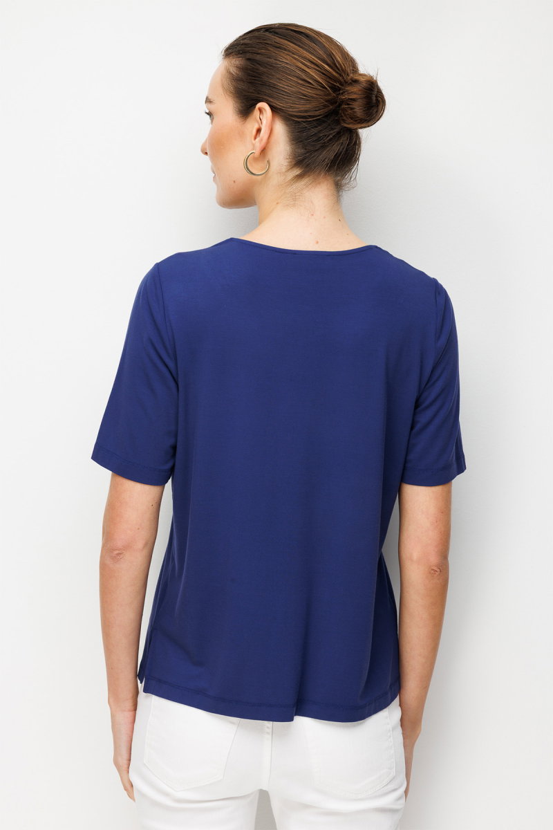 Desen Triko Kadın Sıfır Yaka Yakası Çift Şeritli Taşlı Penye T-Shirt 26840 Lacivert - 4