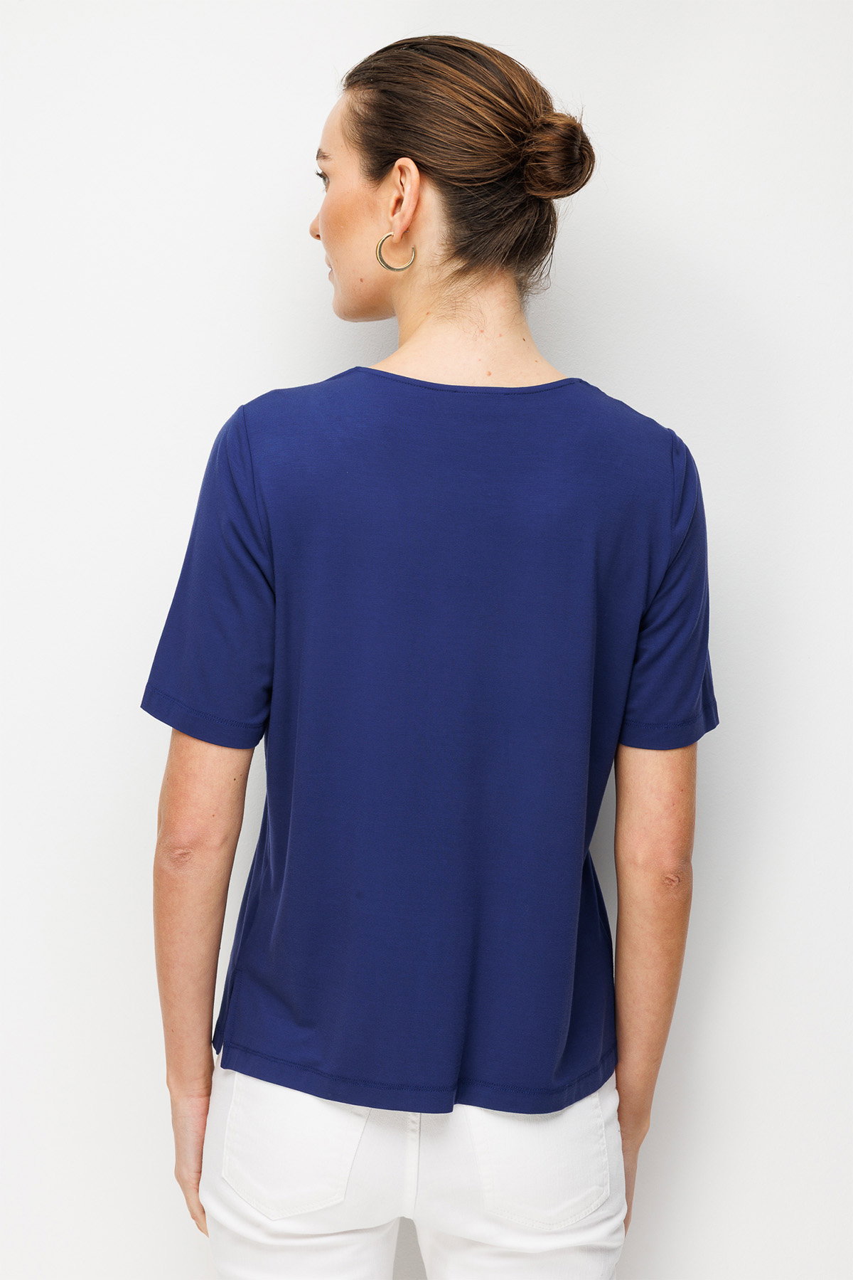 Desen Triko Kadın Sıfır Yaka Yakası Çift Şeritli Taşlı Penye T-Shirt 26840 Lacivert - 4