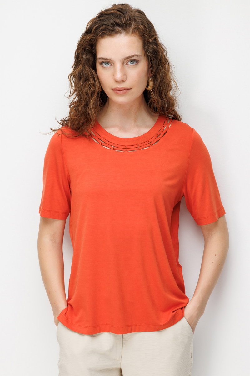 Desen Triko Kadın Sıfır Yaka Yakası Çift Şeritli Taşlı Penye T-Shirt 26840 Oranj - Desen Triko