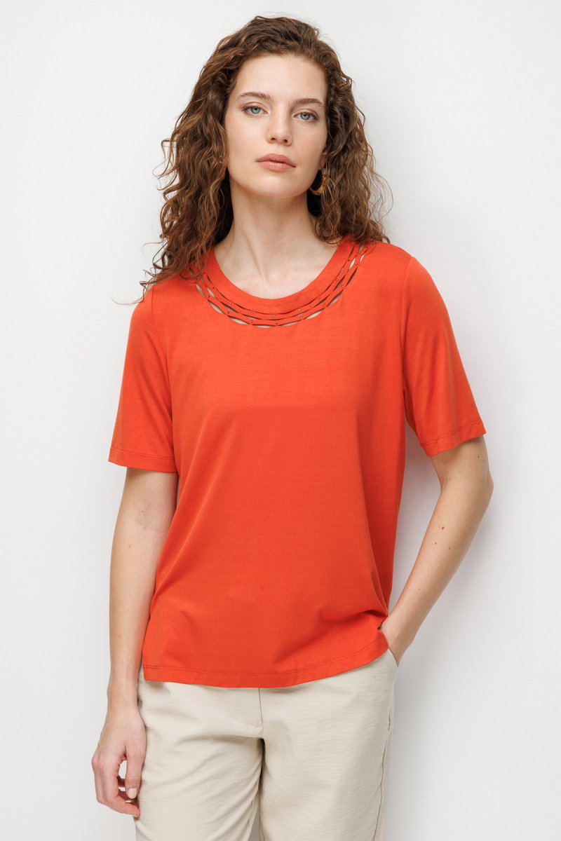 Desen Triko Kadın Sıfır Yaka Yakası Çift Şeritli Taşlı Penye T-Shirt 26840 Oranj - 3