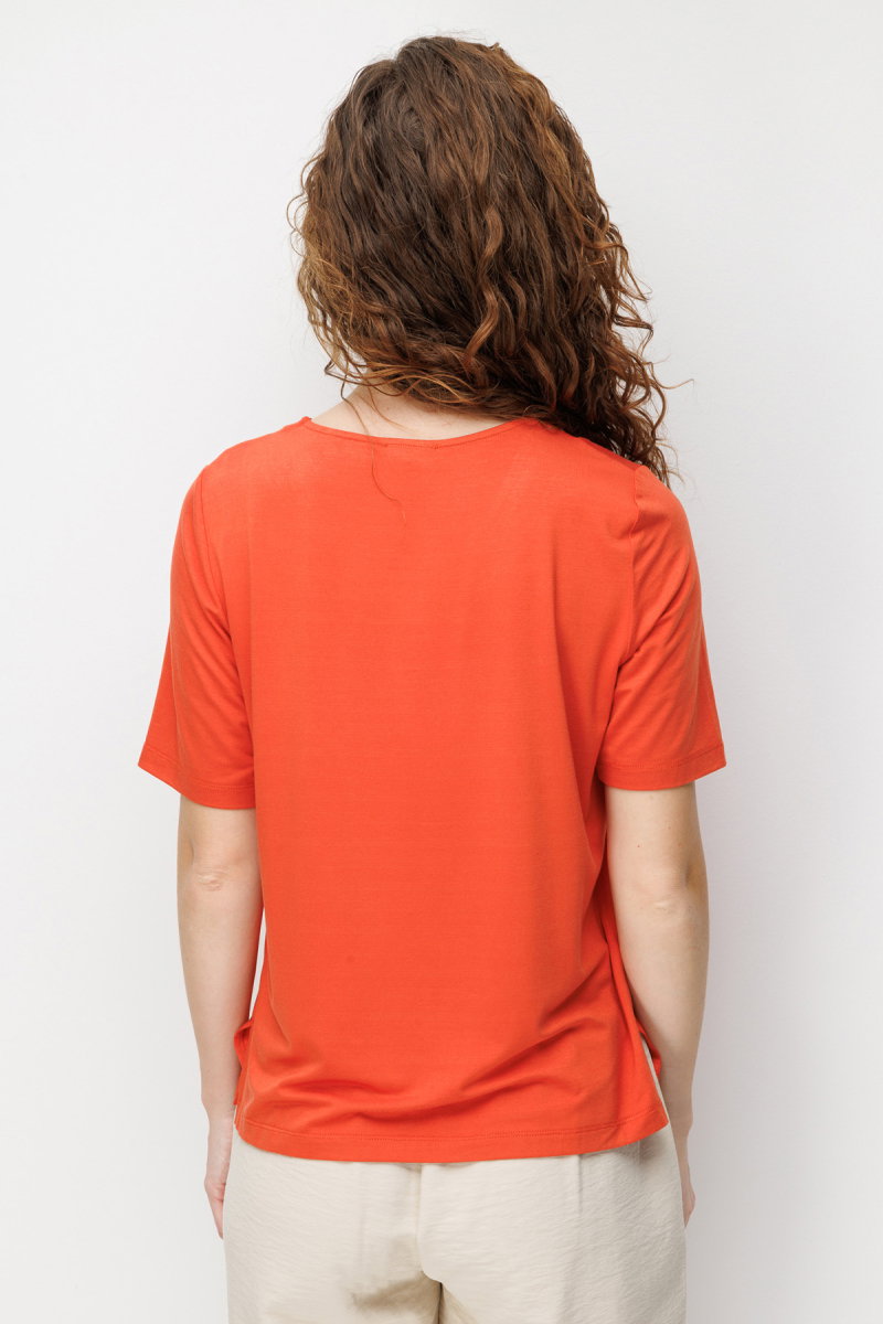 Desen Triko Kadın Sıfır Yaka Yakası Çift Şeritli Taşlı Penye T-Shirt 26840 Oranj - 4
