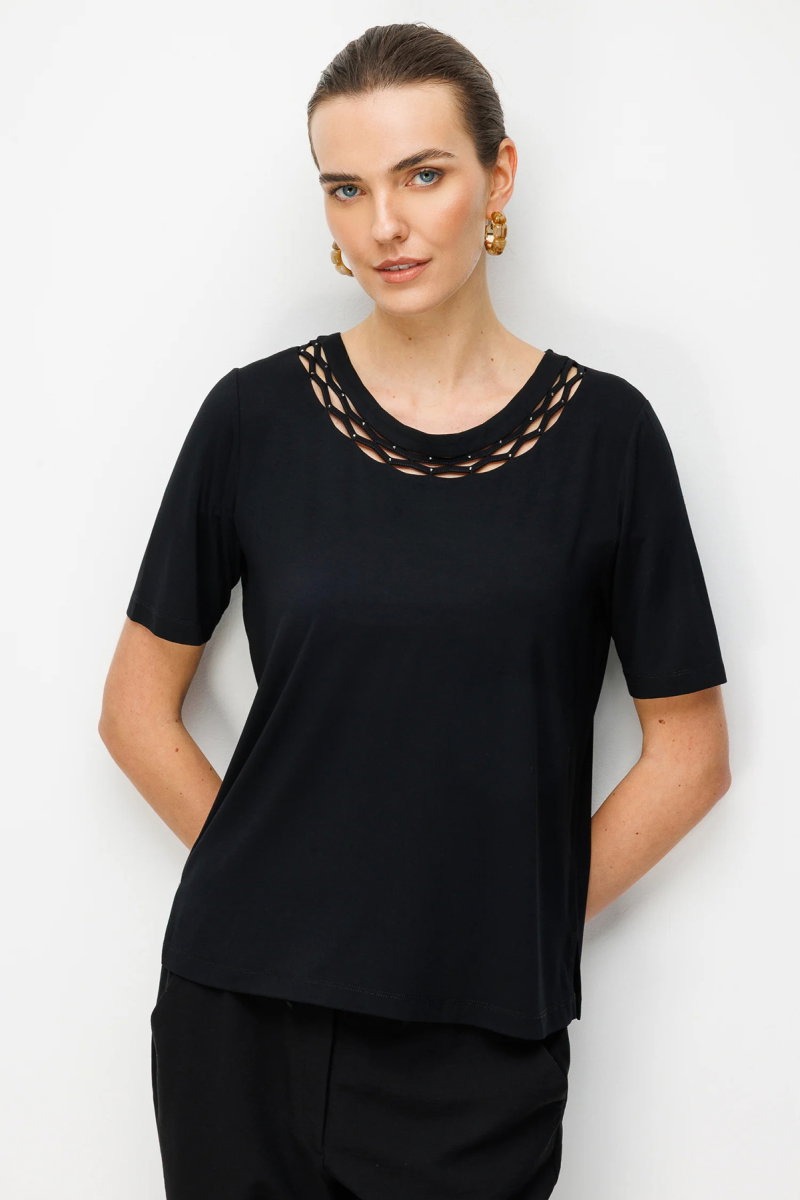 Desen Triko Kadın Sıfır Yaka Yakası Çift Şeritli Taşlı Penye T-Shirt 26840 Siyah - Desen Triko