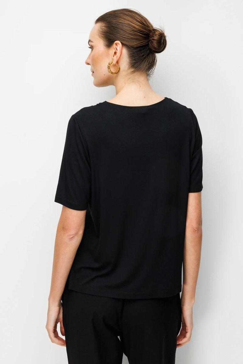 Desen Triko Kadın Sıfır Yaka Yakası Çift Şeritli Taşlı Penye T-Shirt 26840 Siyah - 4