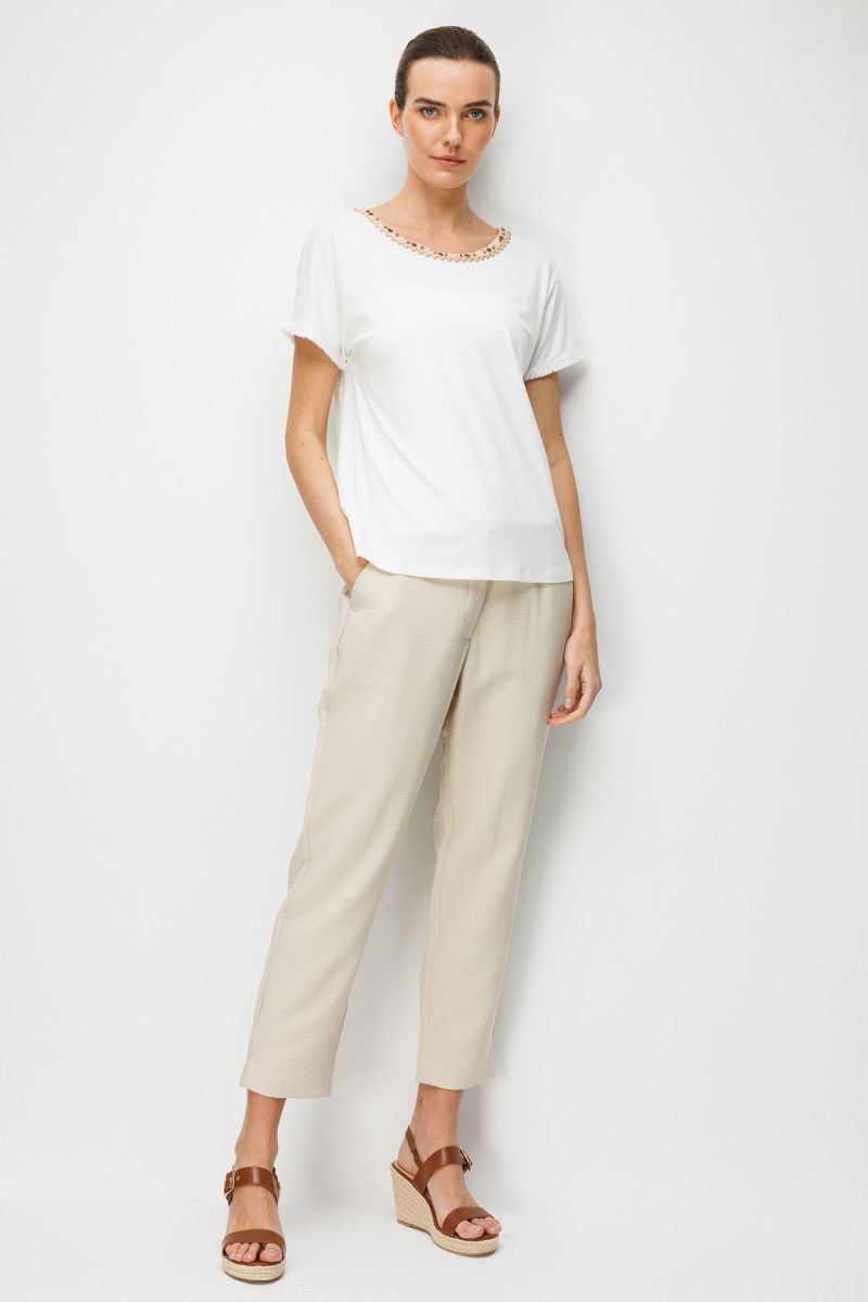 Desen Triko Kadın Sıfır Yaka Yakası Hasır Aksesuarlı Penye T-Shirt 26819 Ekru - 2