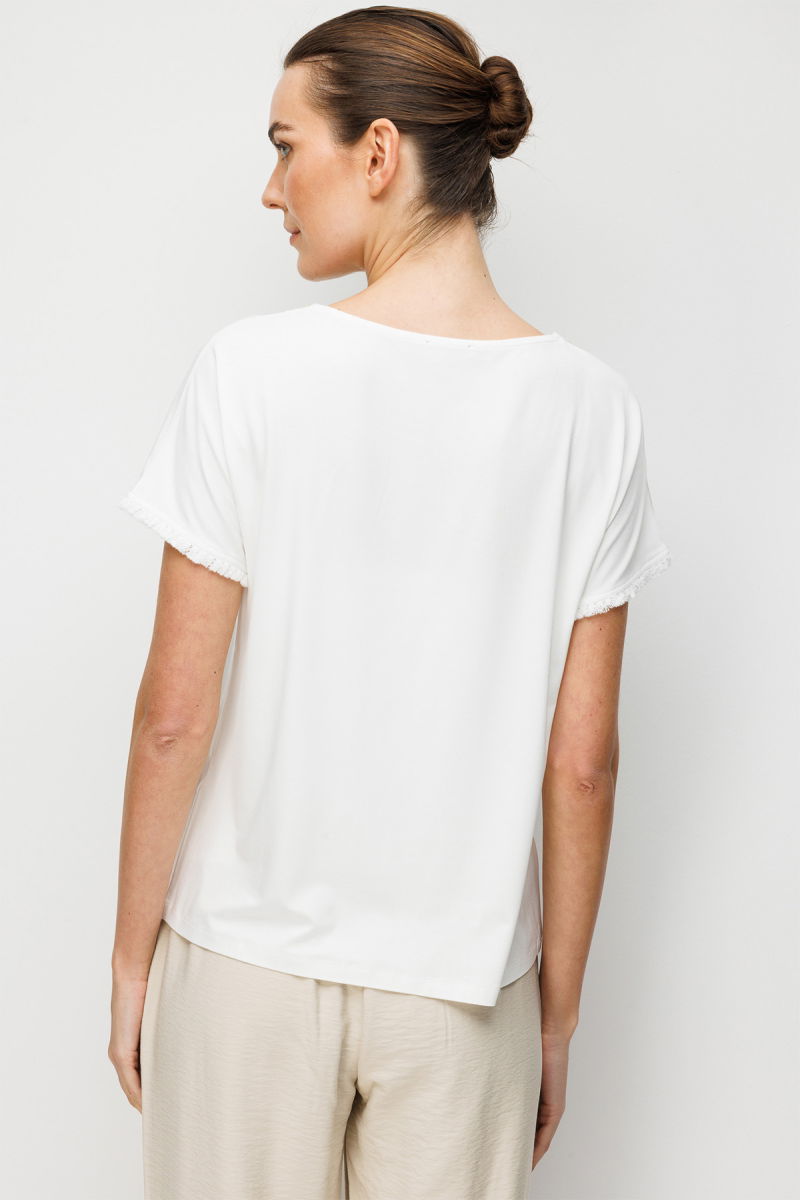 Desen Triko Kadın Sıfır Yaka Yakası Hasır Aksesuarlı Penye T-Shirt 26819 Ekru - 4