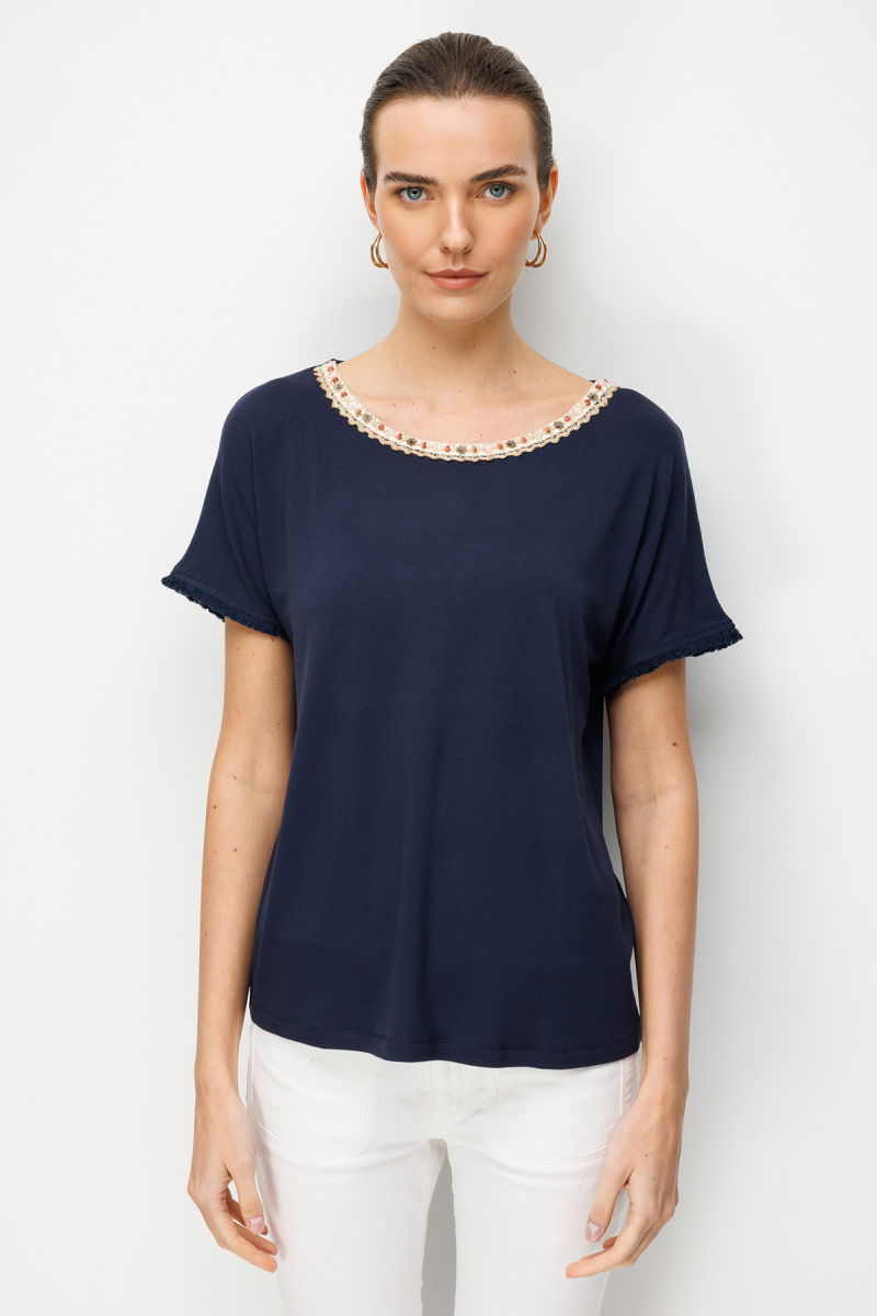 Desen Triko Kadın Sıfır Yaka Yakası Hasır Aksesuarlı Penye T-Shirt 26819 Lacivert - Desen Triko