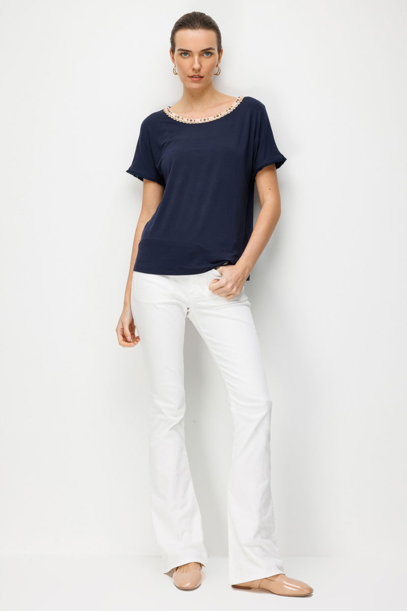 Desen Triko Kadın Sıfır Yaka Yakası Hasır Aksesuarlı Penye T-Shirt 26819 Lacivert - 2