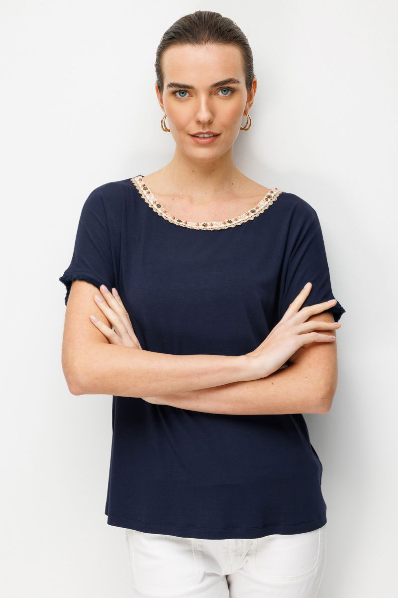 Desen Triko Kadın Sıfır Yaka Yakası Hasır Aksesuarlı Penye T-Shirt 26819 Lacivert - 3