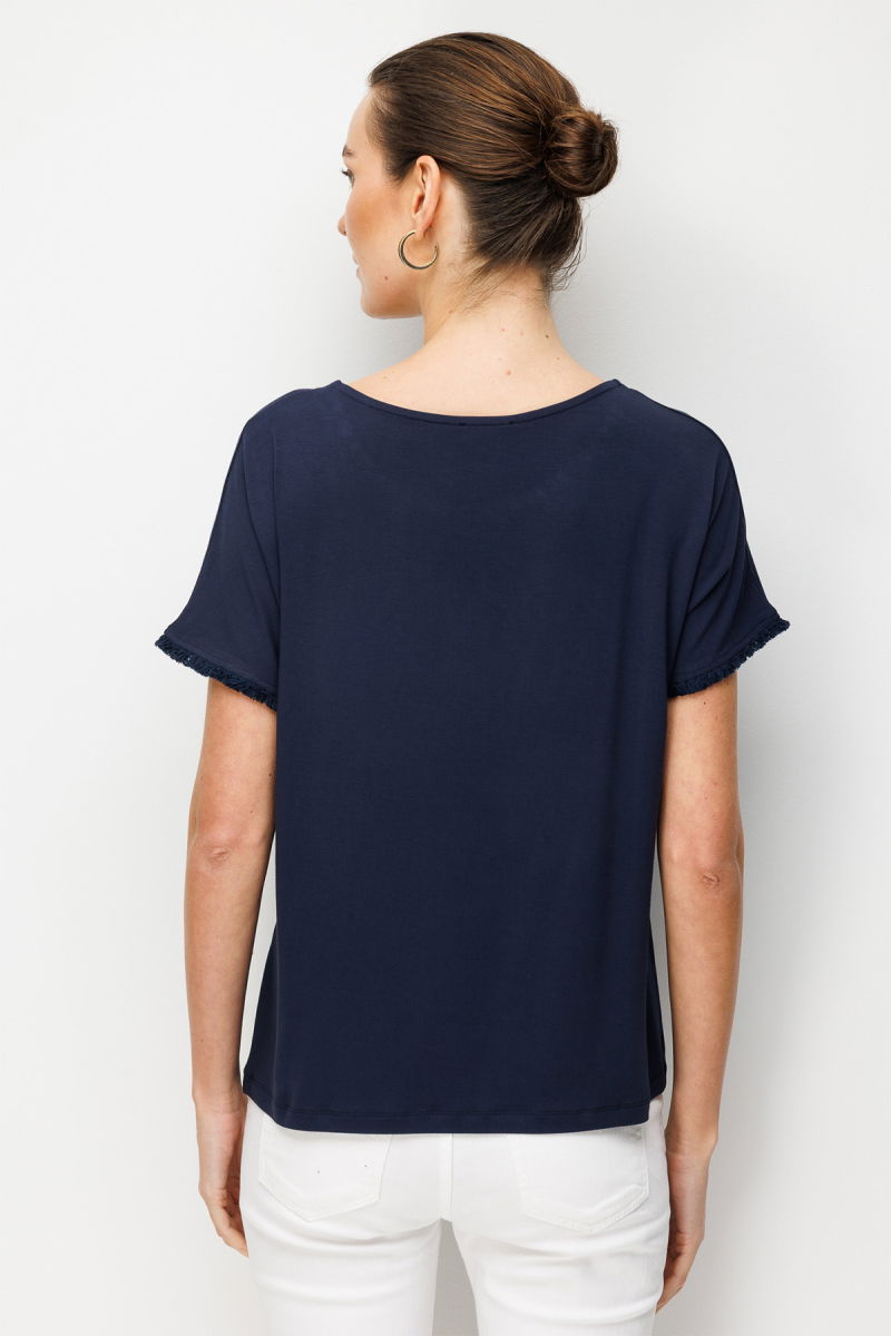 Desen Triko Kadın Sıfır Yaka Yakası Hasır Aksesuarlı Penye T-Shirt 26819 Lacivert - 4