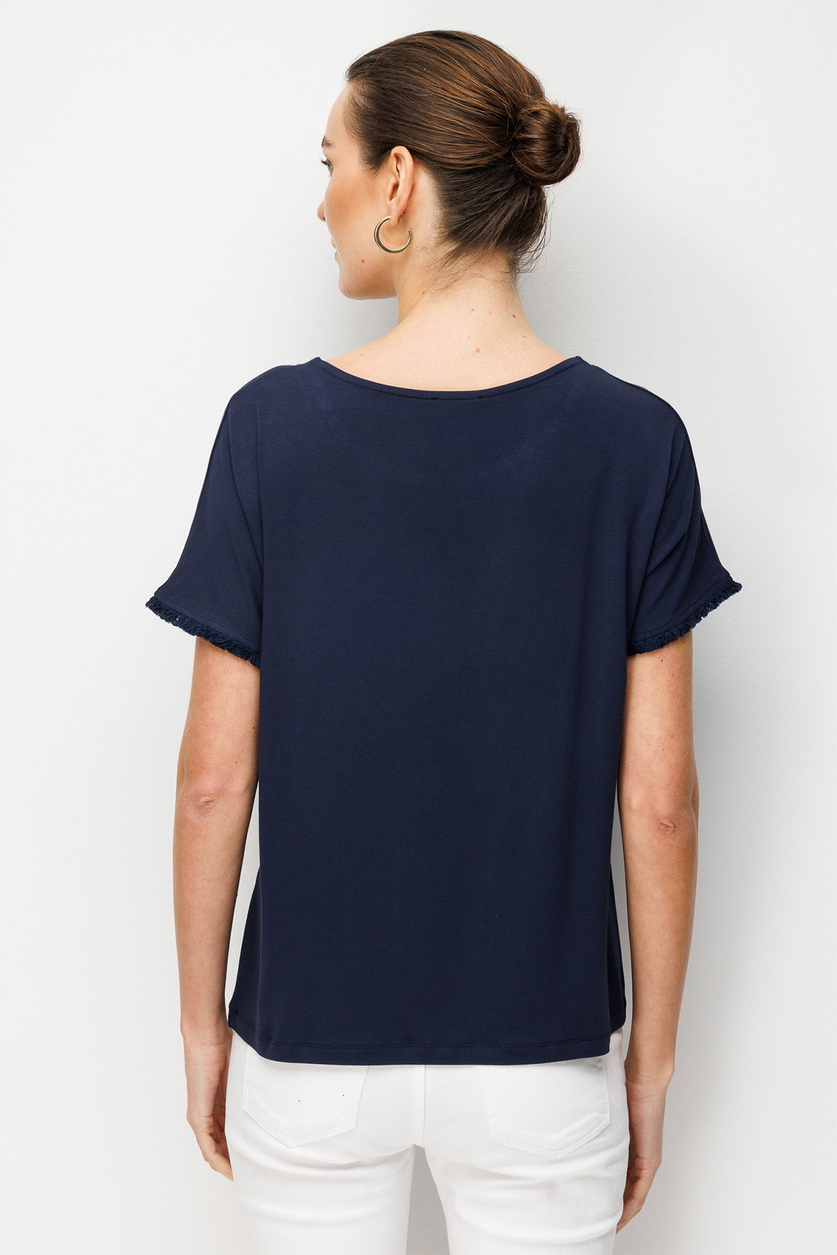 Desen Triko Kadın Sıfır Yaka Yakası Hasır Aksesuarlı Penye T-Shirt 26819 Lacivert - 4