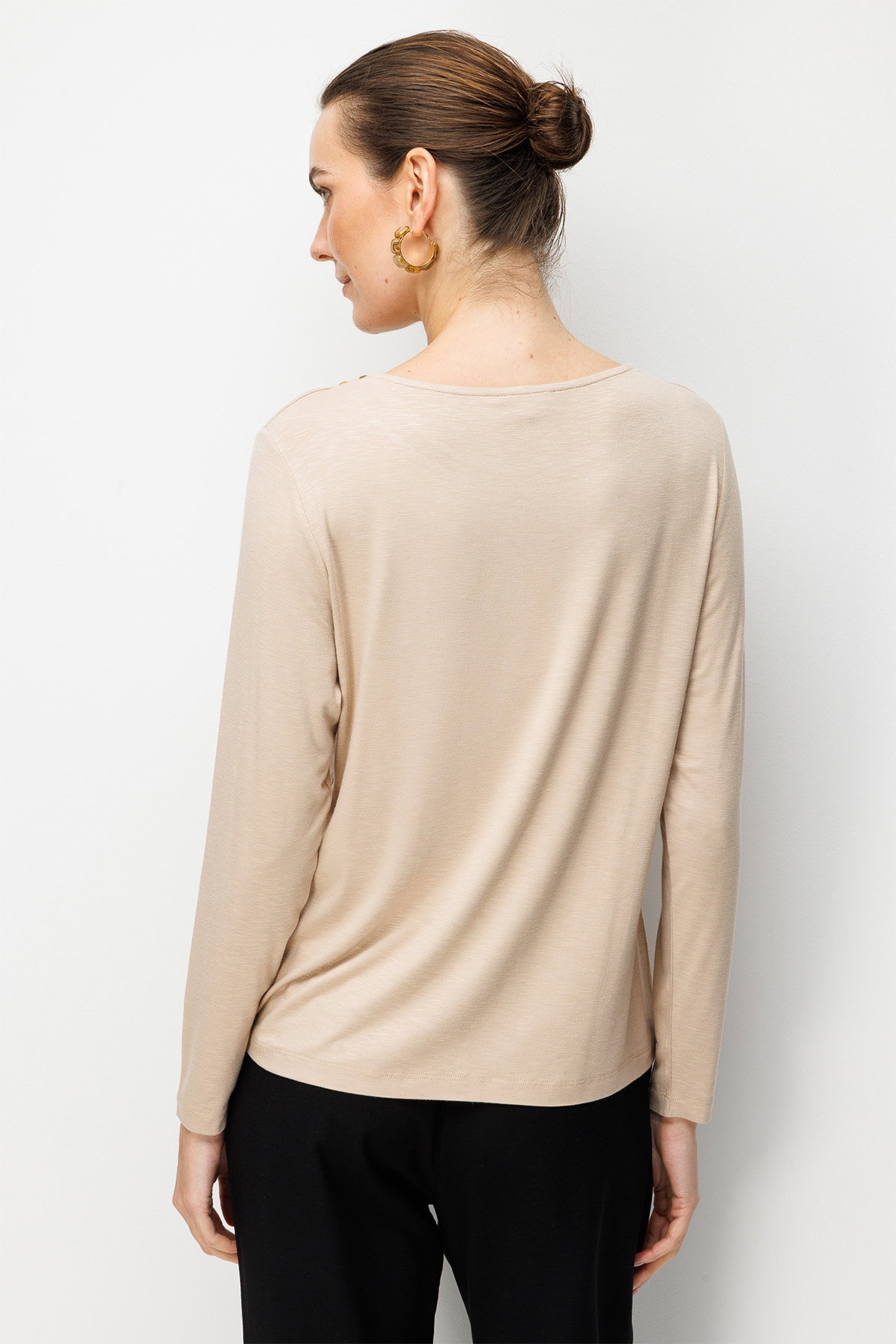 Desen Triko Kadın Sıfır Yaka Yakası İki Renkli İşlemeli Taşlı Penye Bluz 26848 Bej - 4