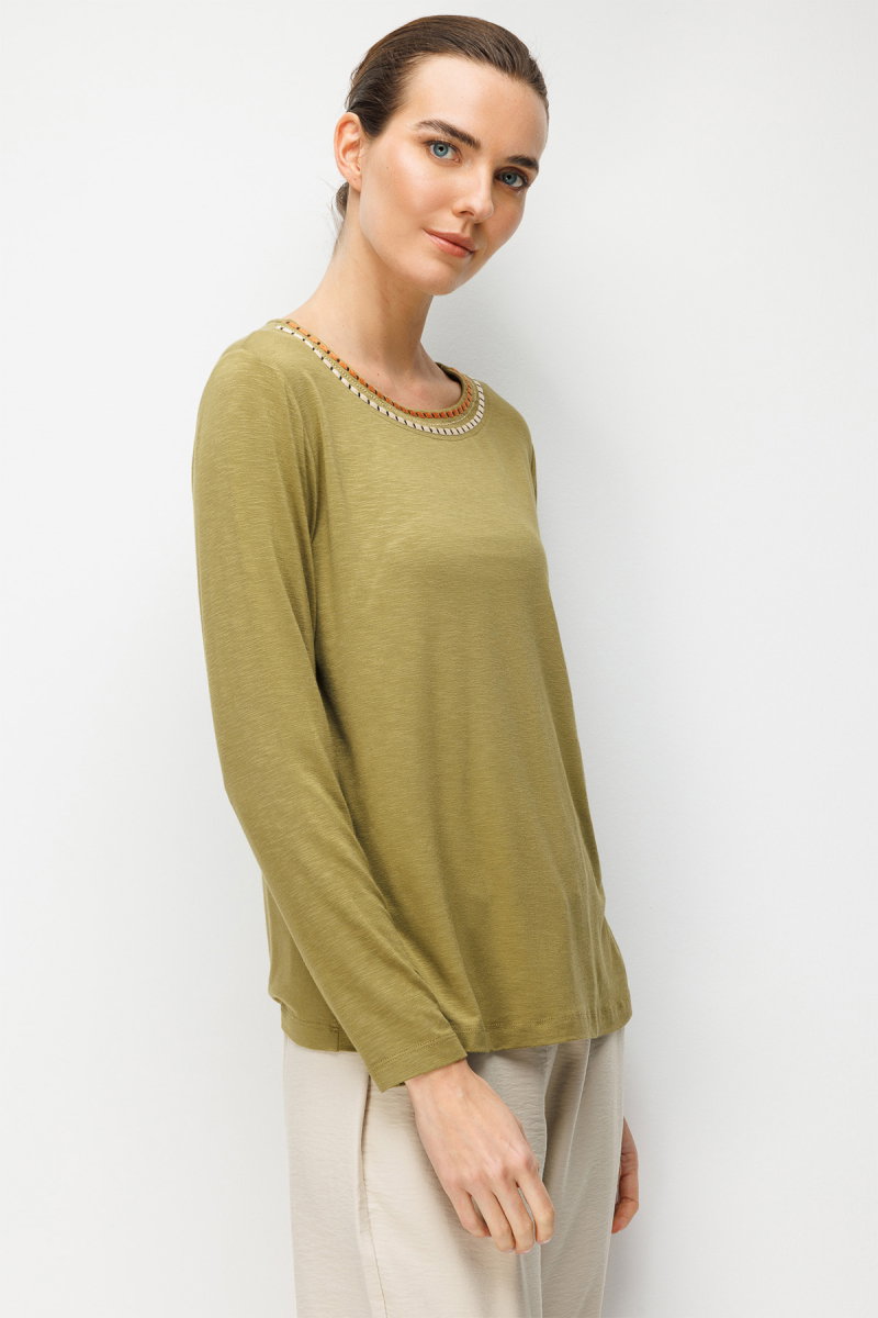 Desen Triko Kadın Sıfır Yaka Yakası İki Renkli İşlemeli Taşlı Penye Bluz 26848 Haki - 3