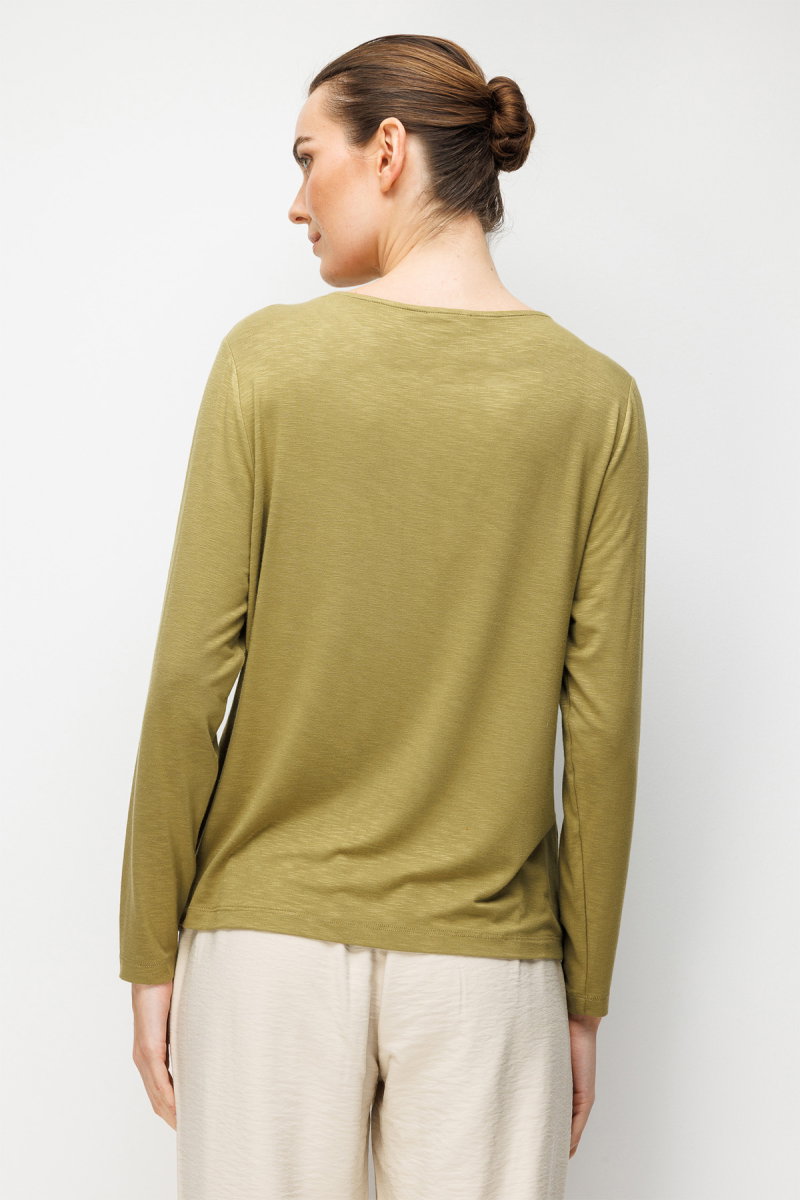 Desen Triko Kadın Sıfır Yaka Yakası İki Renkli İşlemeli Taşlı Penye Bluz 26848 Haki - 4