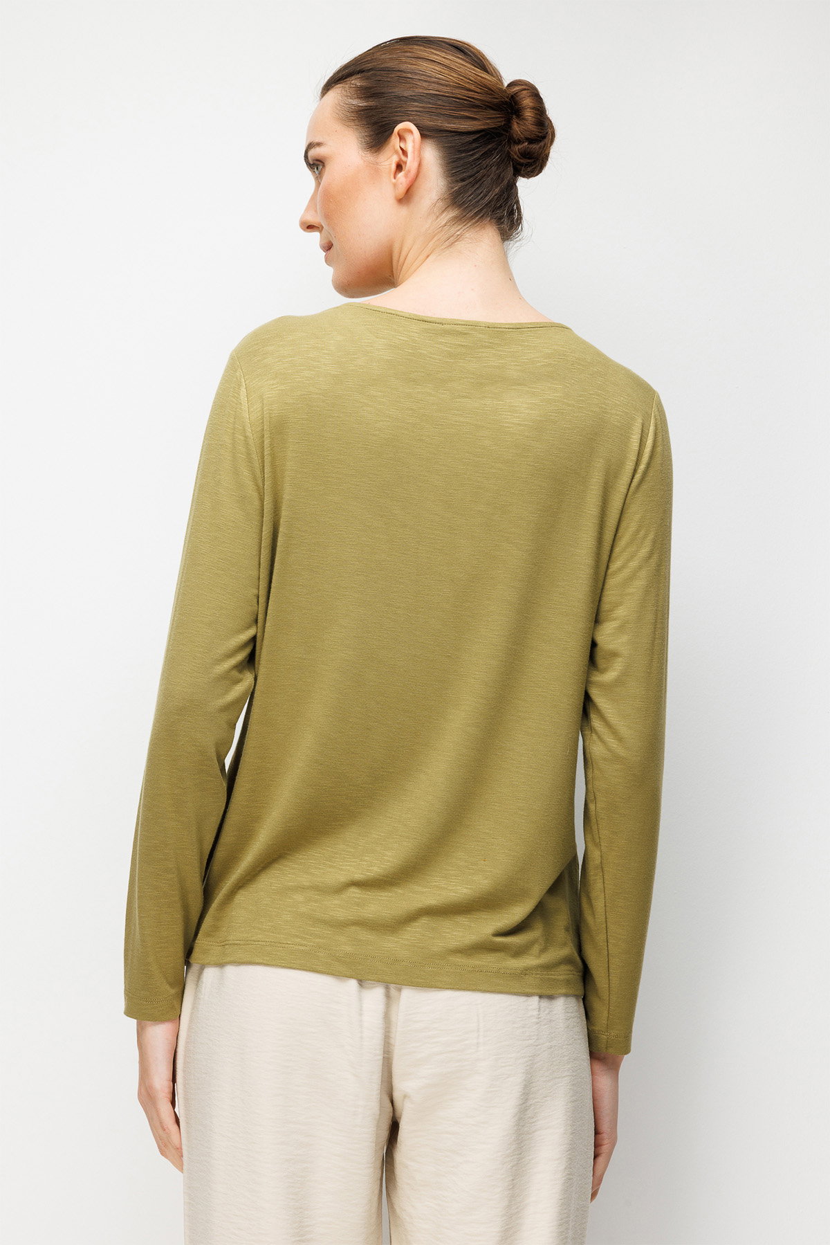 Desen Triko Kadın Sıfır Yaka Yakası İki Renkli İşlemeli Taşlı Penye Bluz 26848 Haki - 4