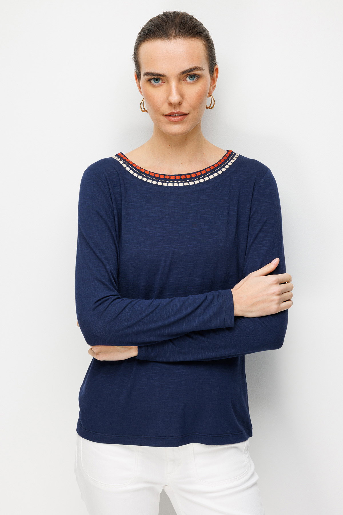 Desen Triko Kadın Sıfır Yaka Yakası İki Renkli İşlemeli Taşlı Penye Bluz 26848 Lacivert - 3