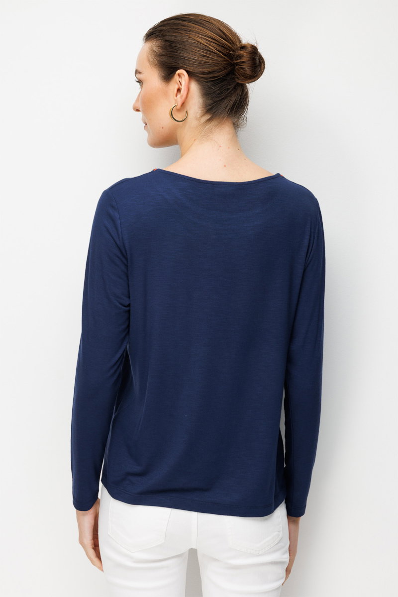 Desen Triko Kadın Sıfır Yaka Yakası İki Renkli İşlemeli Taşlı Penye Bluz 26848 Lacivert - 4