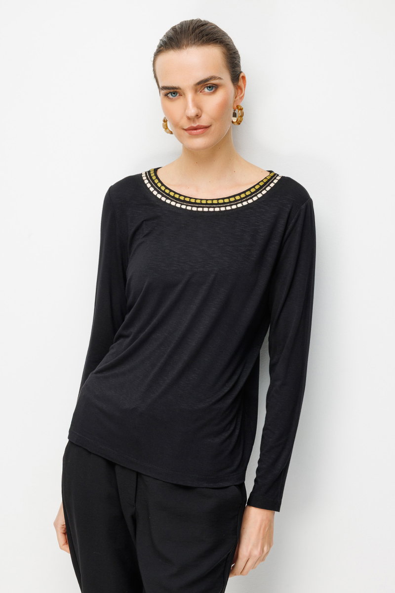 Desen Triko Kadın Sıfır Yaka Yakası İki Renkli İşlemeli Taşlı Penye Bluz 26848 Siyah - Desen Triko