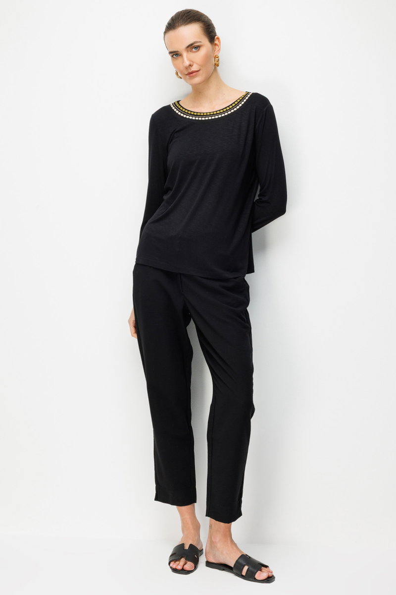 Desen Triko Kadın Sıfır Yaka Yakası İki Renkli İşlemeli Taşlı Penye Bluz 26848 Siyah - 2