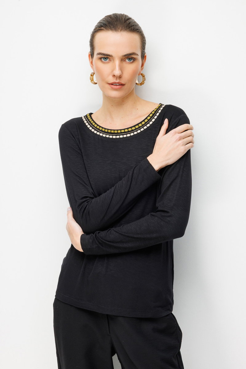 Desen Triko Kadın Sıfır Yaka Yakası İki Renkli İşlemeli Taşlı Penye Bluz 26848 Siyah - 3