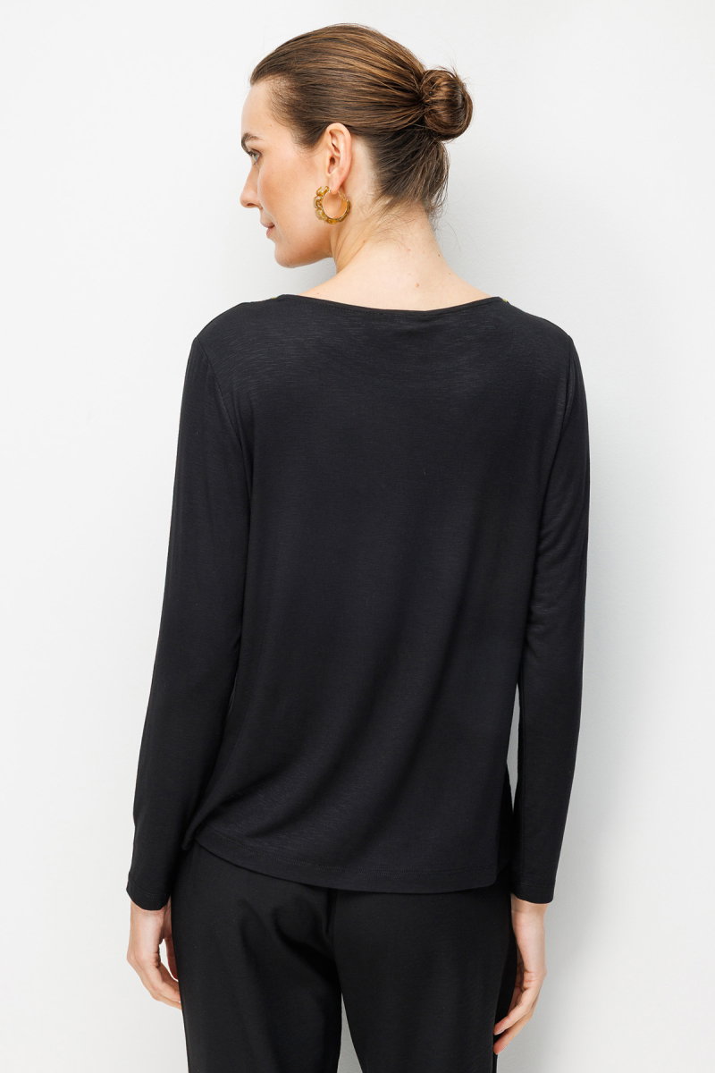 Desen Triko Kadın Sıfır Yaka Yakası İki Renkli İşlemeli Taşlı Penye Bluz 26848 Siyah - 4