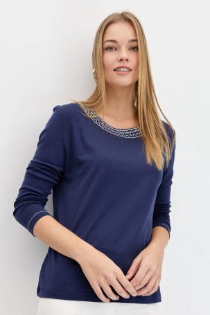 Desen Triko Kadın Sıfır Yaka Yakası Nakışlı Pamuklu Bluz KMY24010 K Laci 