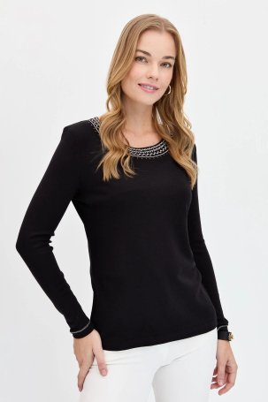 Desen Triko Kadın Sıfır Yaka Yakası Nakışlı Pamuklu Bluz KMY24010 Siyah - 3