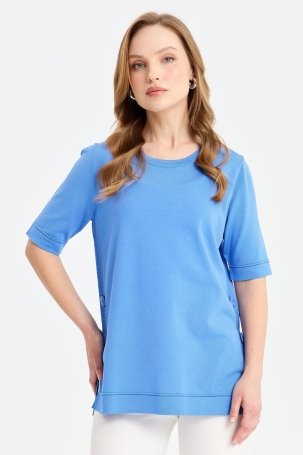Desen Triko Kadın Sıfır Yaka Yanı Düğmeli İnce Triko Bluz 24350 Mavi 
