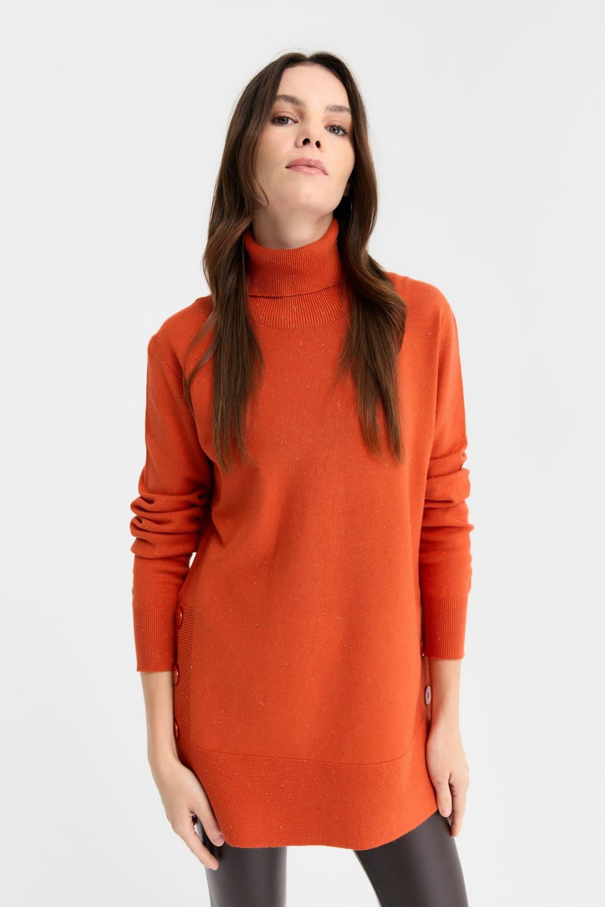 Desen Triko Kadın Tam Balıkçı Yaka Dikişsiz Kazak 23391 Portakal - 1