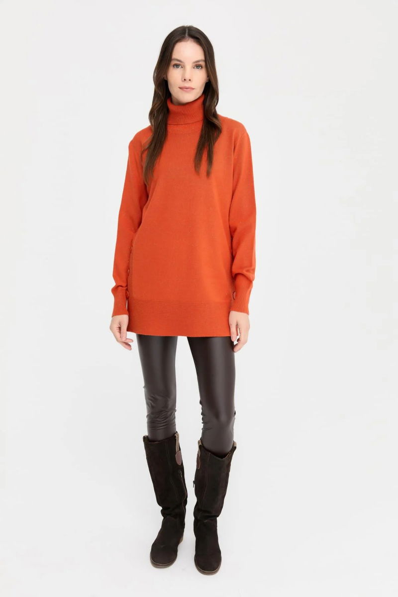 Desen Triko Kadın Tam Balıkçı Yaka Dikişsiz Kazak 23391 Portakal - 2