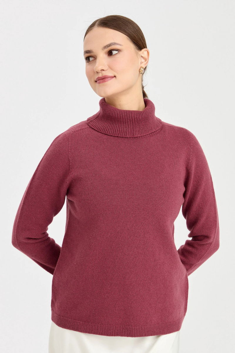 Desen Triko Kadın Tam Balıkçı Yaka Klasik Yün Kazak 23164 Gül Kurusu - Desen Triko