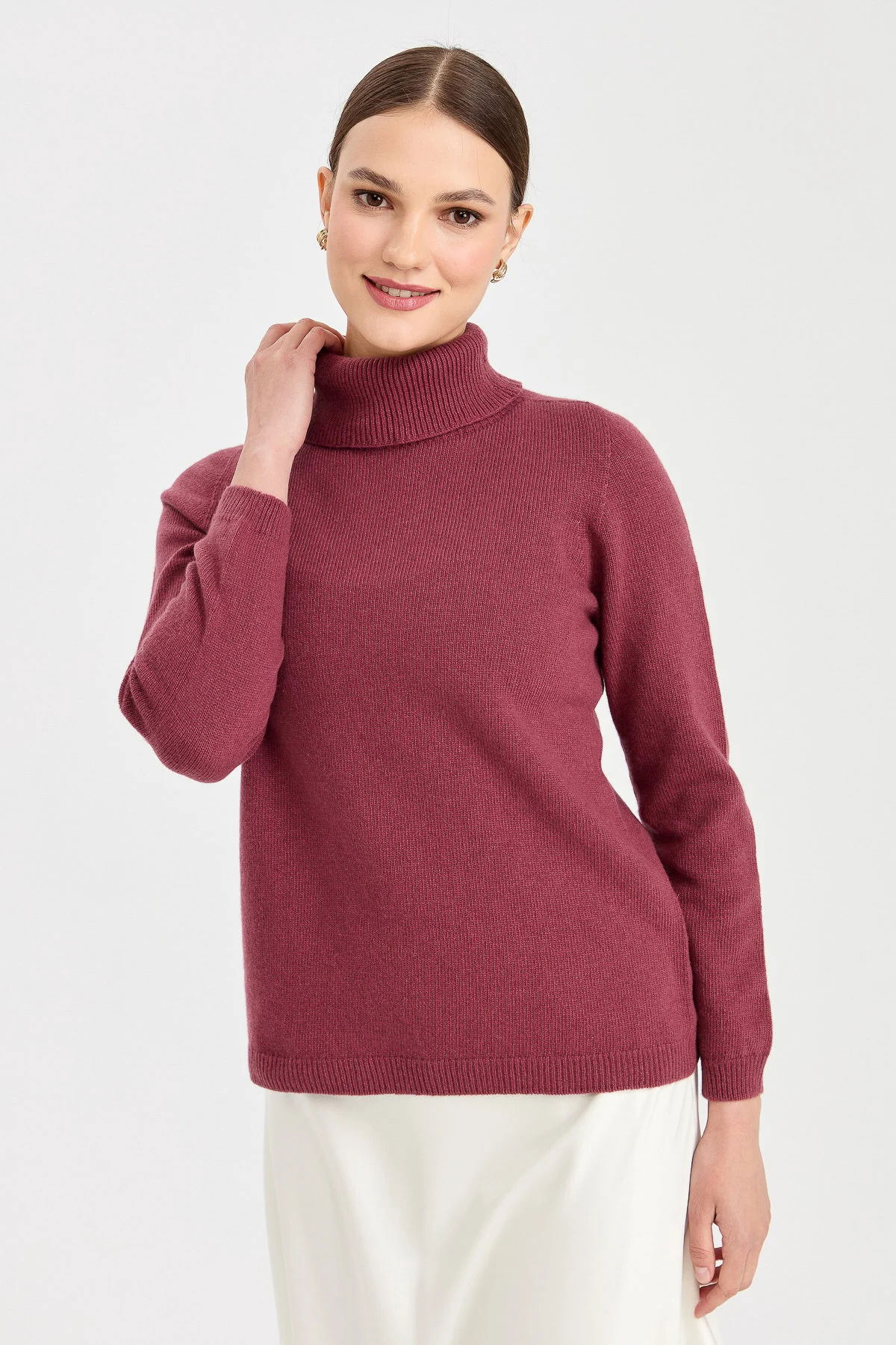 Desen Triko Kadın Tam Balıkçı Yaka Klasik Yün Kazak 23164 Gül Kurusu - 3