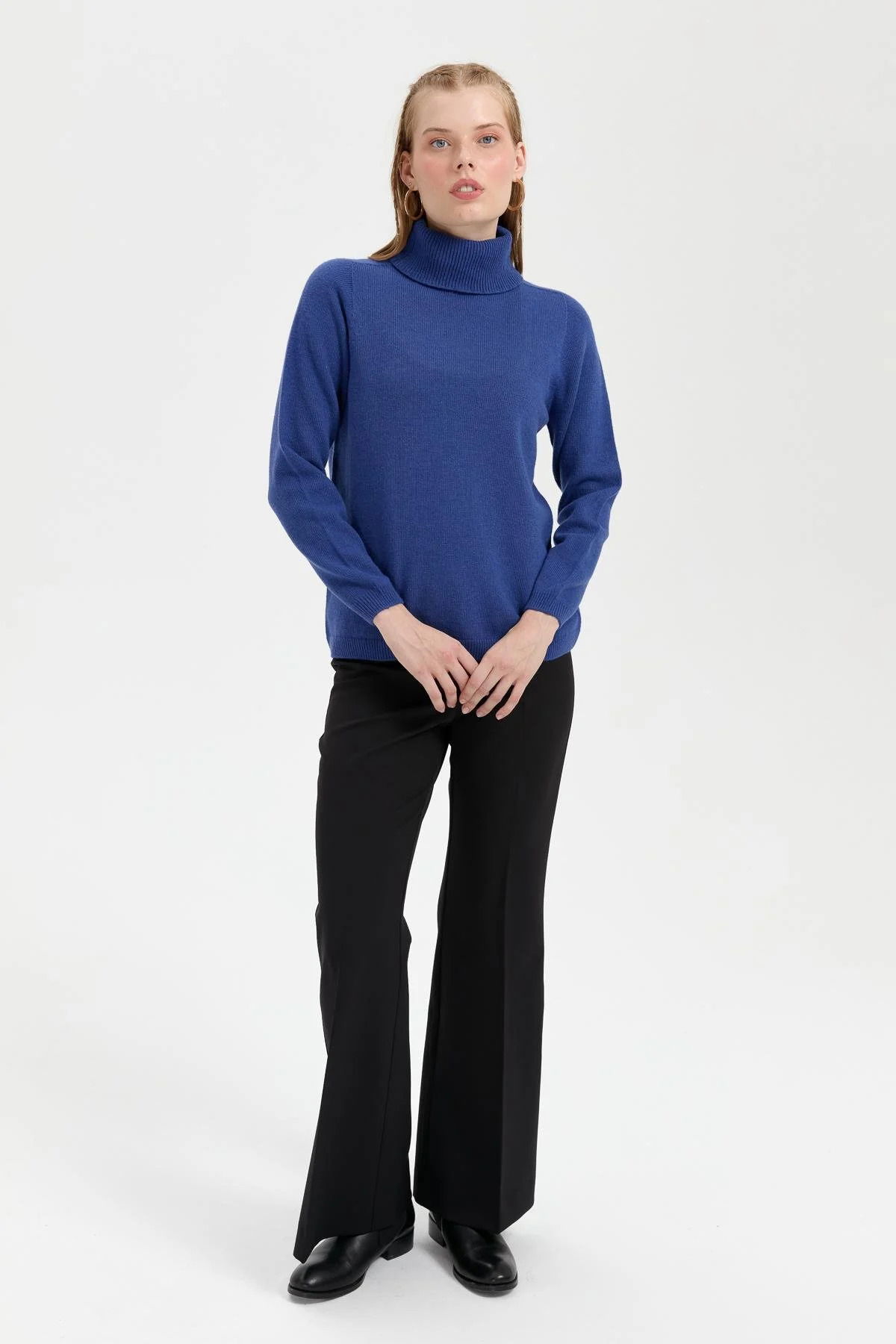 Desen Triko Kadın Tam Balıkçı Yaka Klasik Yün Kazak 23164 Mavi - 1