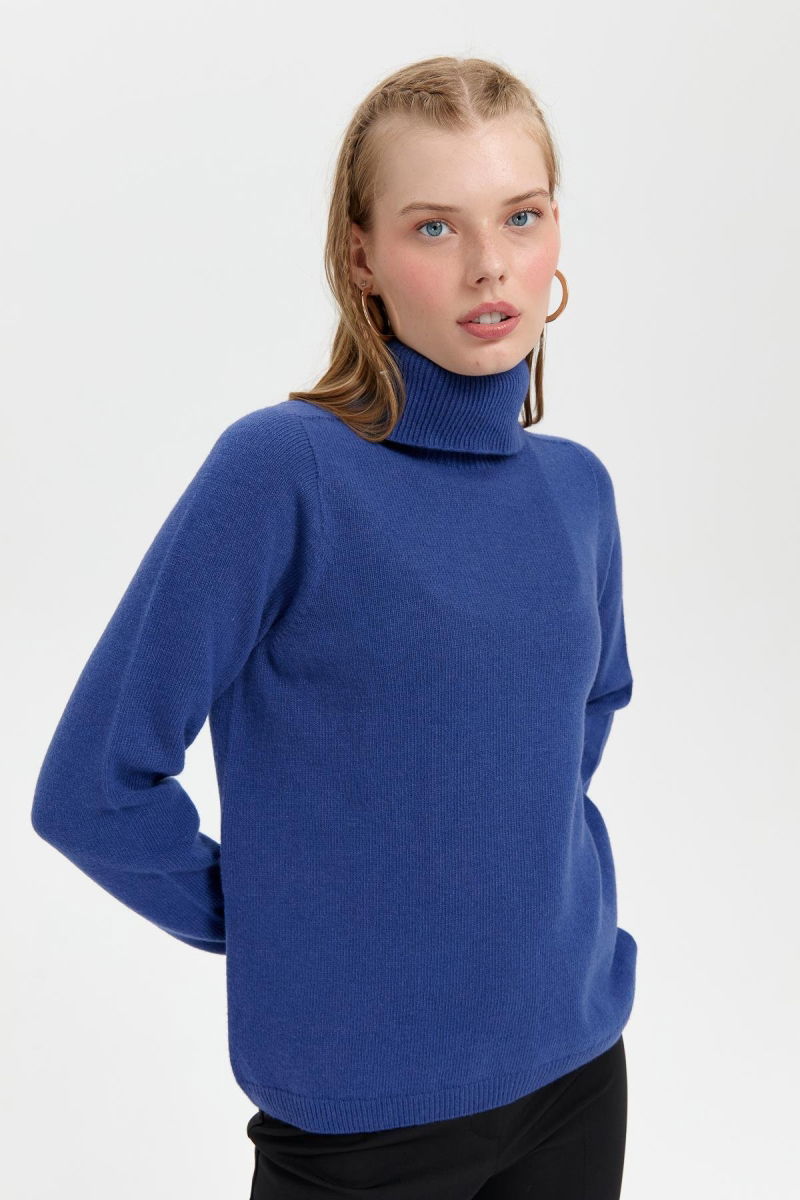 Desen Triko Kadın Tam Balıkçı Yaka Klasik Yün Kazak 23164 Mavi - 2