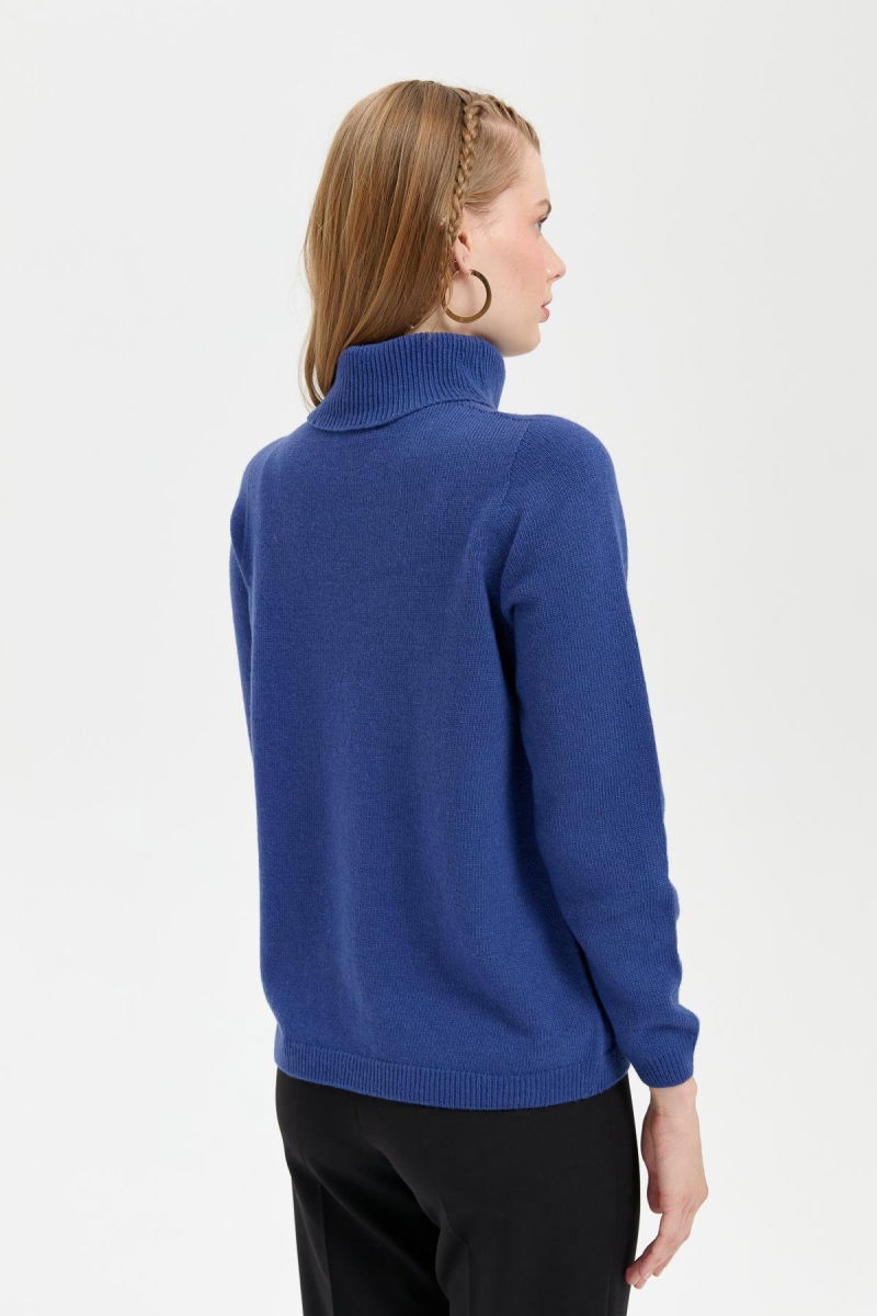 Desen Triko Kadın Tam Balıkçı Yaka Klasik Yün Kazak 23164 Mavi - 4