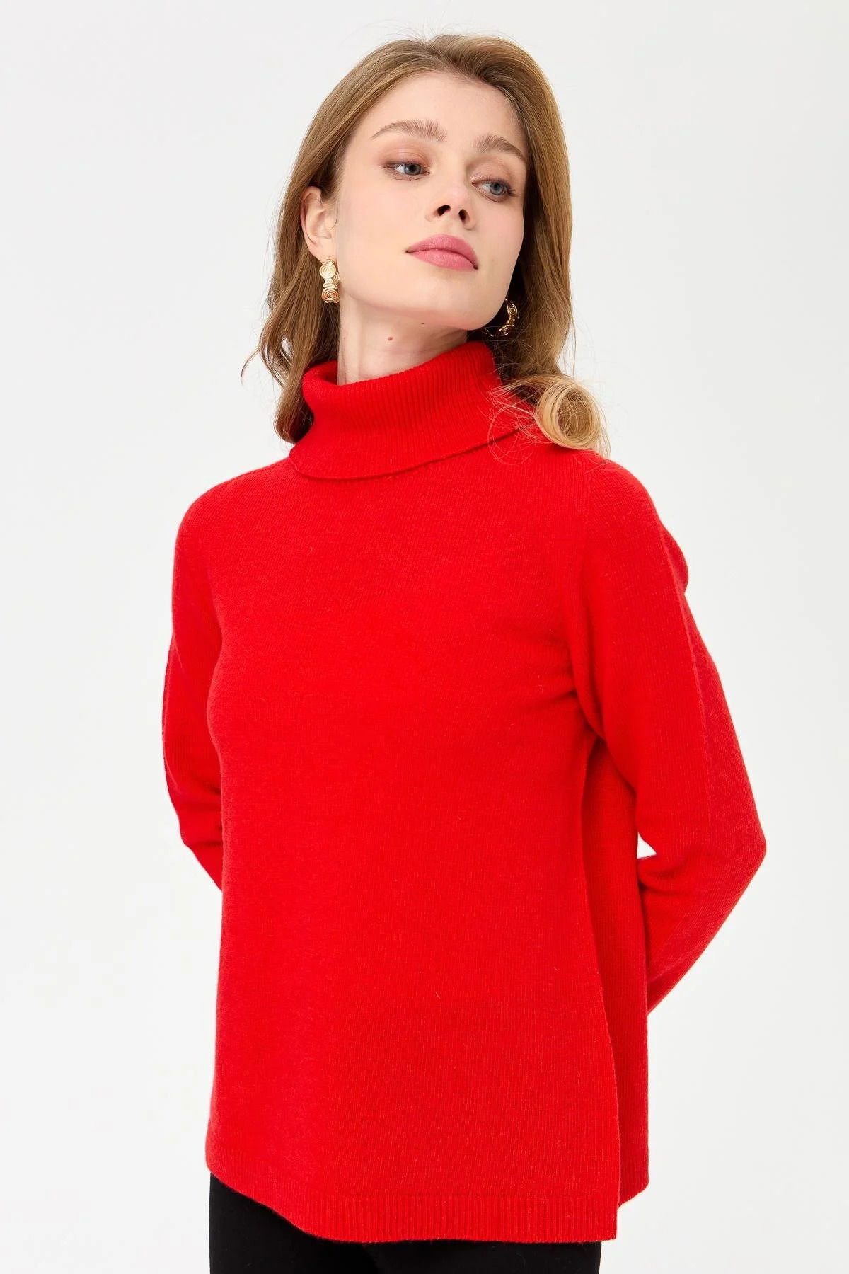 Desen Triko Kadın Tam Balıkçı Yaka Klasik Yün Kazak 23164 Mercan - 1