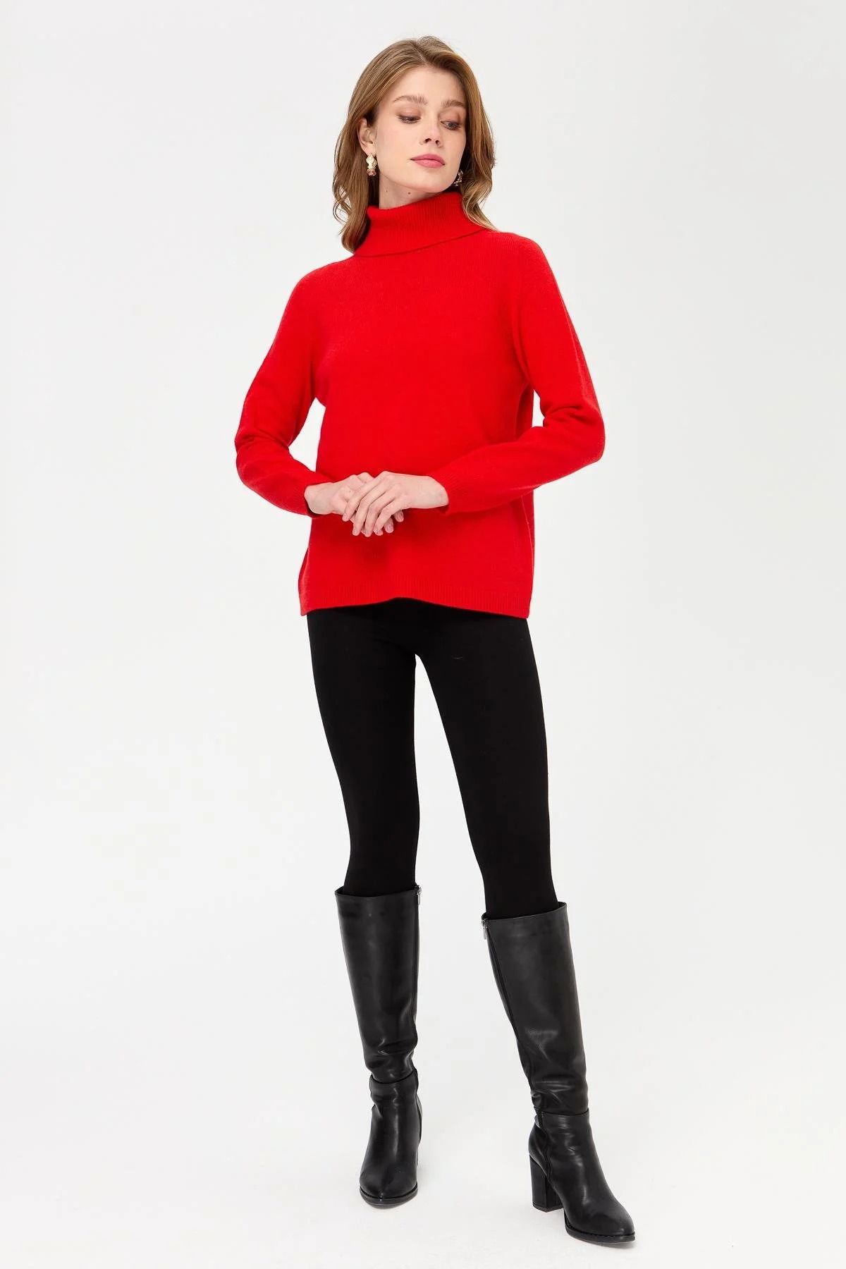 Desen Triko Kadın Tam Balıkçı Yaka Klasik Yün Kazak 23164 Mercan - 2