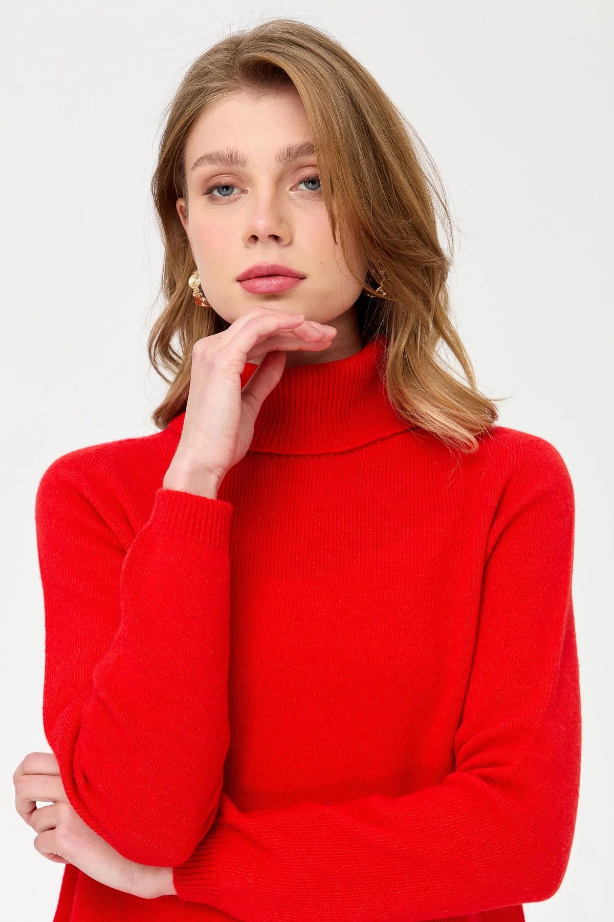 Desen Triko Kadın Tam Balıkçı Yaka Klasik Yün Kazak 23164 Mercan - 3