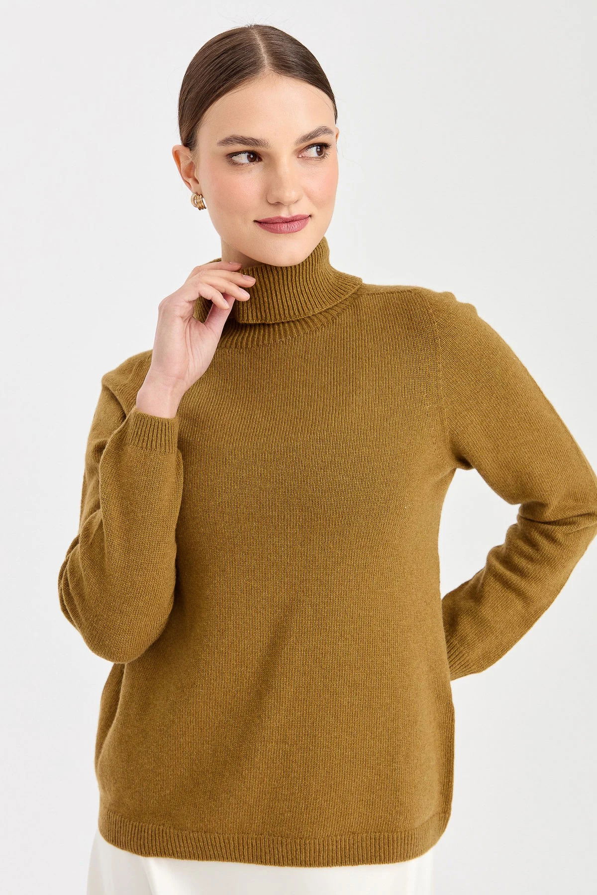 Desen Triko Kadın Tam Balıkçı Yaka Klasik Yün Kazak 23164 O.Haki - 1