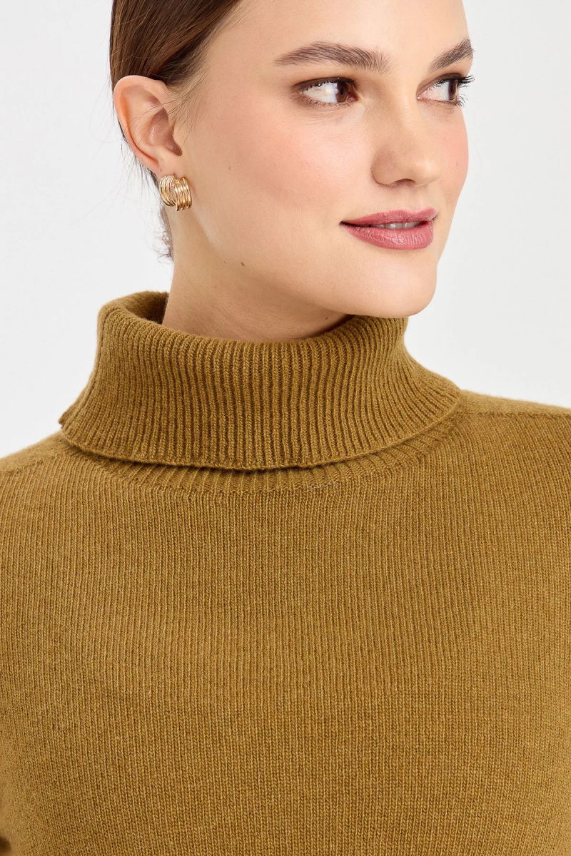 Desen Triko Kadın Tam Balıkçı Yaka Klasik Yün Kazak 23164 O.Haki - 3