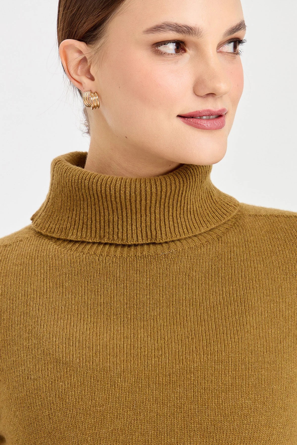 Desen Triko Kadın Tam Balıkçı Yaka Klasik Yün Kazak 23164 O.Haki - 3